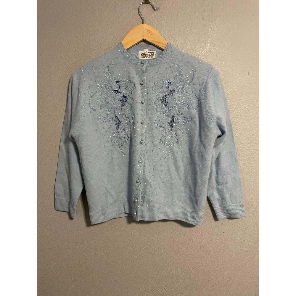 Vintage Herald Sweater Womens 38 Blue Beaded Cardigan Angora Lambswool 50s READ